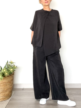 Pantalone wide leg in modal effetto seta lavata