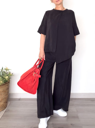 Pantalone wide leg in modal effetto seta lavata
