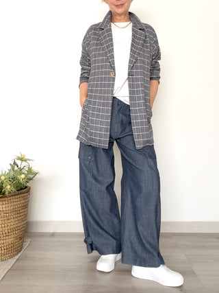 Blazer destrutturato in misto lino fantasia scozzese