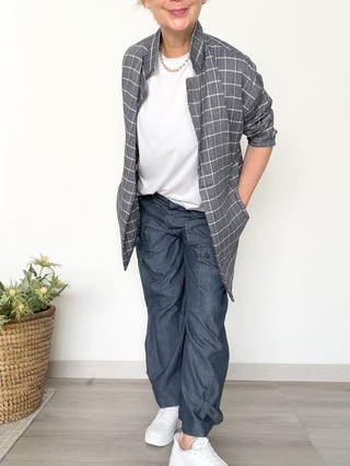 Blazer destrutturato in misto lino fantasia scozzese