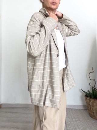 Blazer destrutturato in misto lino fantasia scozzese