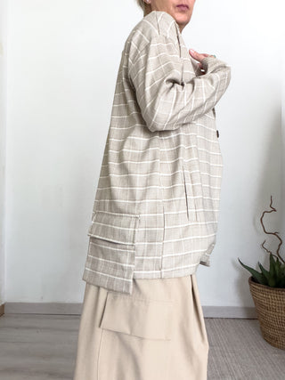 Blazer destrutturato in misto lino fantasia scozzese