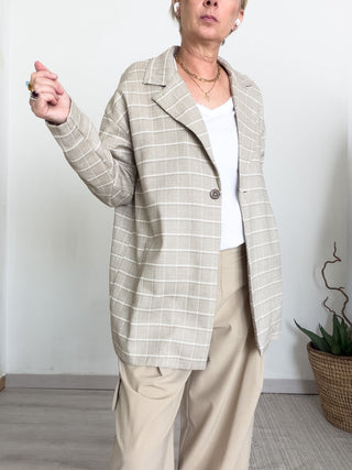 Blazer destrutturato in misto lino fantasia scozzese