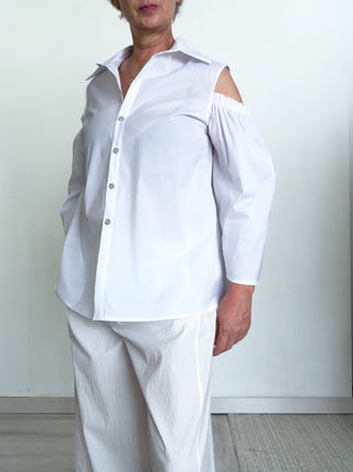Camicia in cotone con spalle scoperte e coulisse