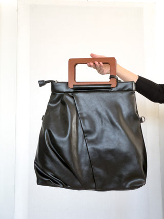 Borsa shopper in ecopelle con manici geometrici effetto legno
